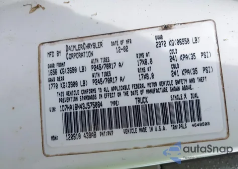 2003 Dodge Ram 1500 Slt/Laramie/St from USA, damaged, VIN 1D7HA16N43J575084